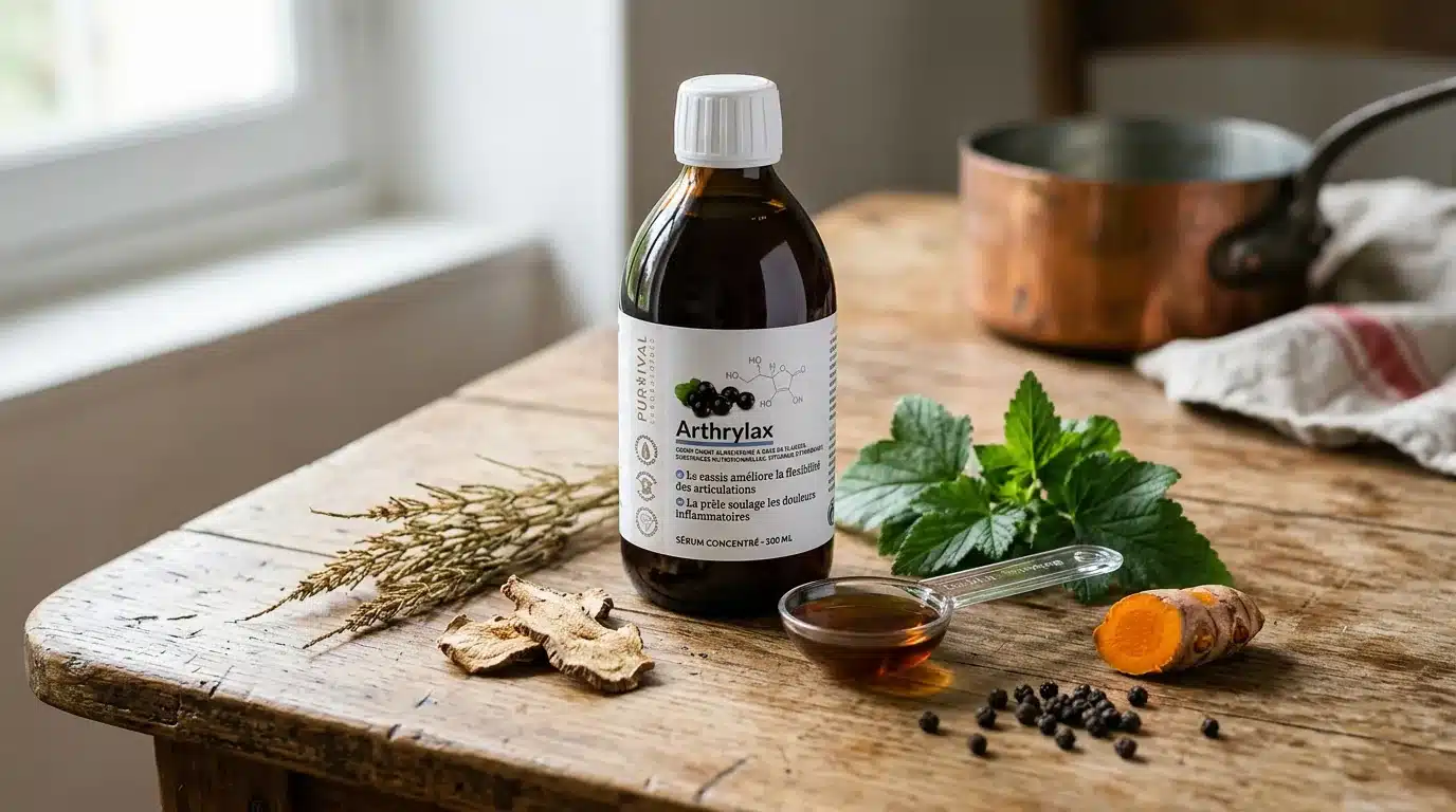 Arthrylax composition : sirop, cuillère doseuse et plantes (prêle, harpagophytum, cassis, curcuma)