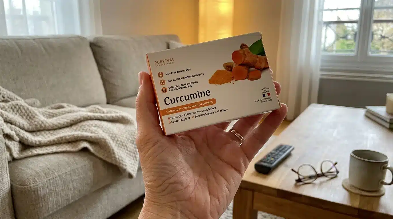 Photo UGC de Curcumine optimisée Longvida Purvival tenue par Claire dans son salon, test après 60 jours