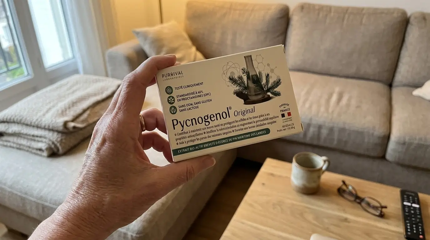 Photo UGC de Pycnogenol Original Purvival tenue par Claire dans son salon, test après 60 jours