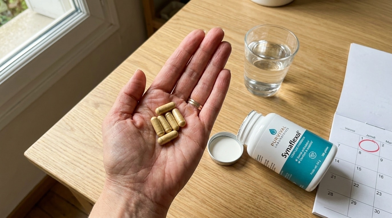 6 gélules de Synaflexol dans ma main avec le flacon ouvert